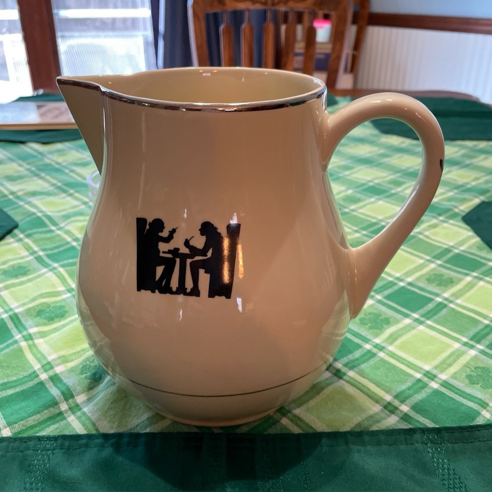 Cream Pitcher with Black Silhouette Design Vintage